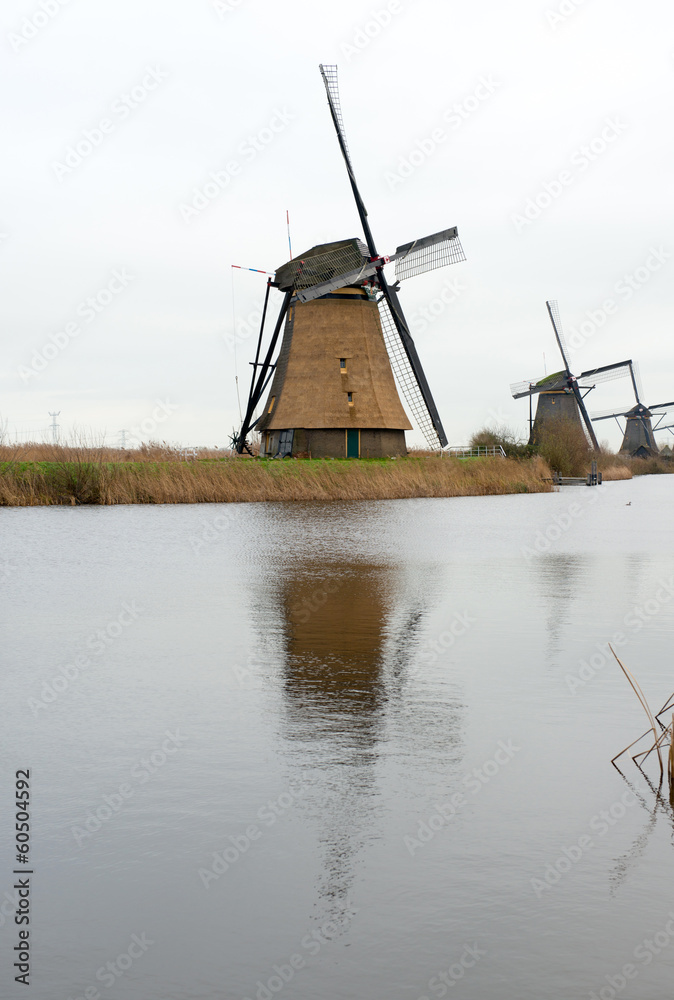 Traditional Dutch windmill in winter Kinderdijk. Netherlands.