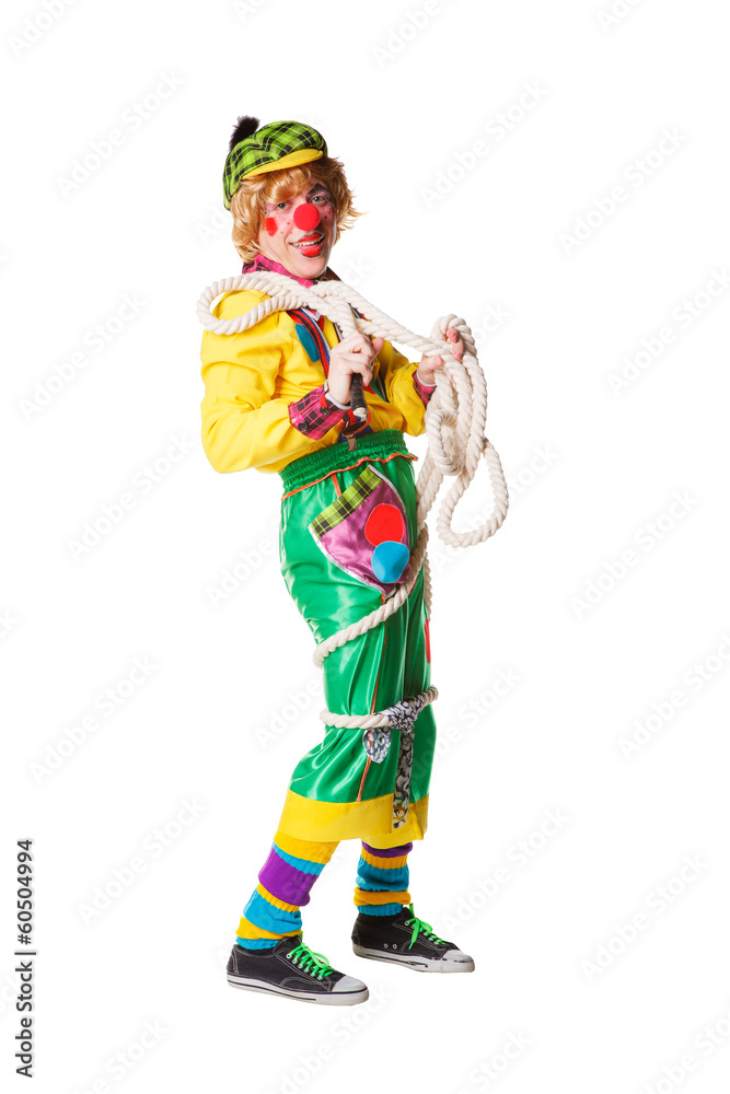 Cheerful clown got confused in a rope isolated on a white Cheerful clown got confused in a rope isolated on a white