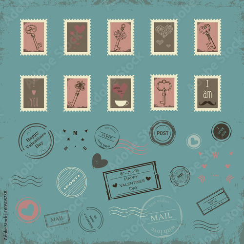 Vector collection of vintage post stamps for St. Valentine day