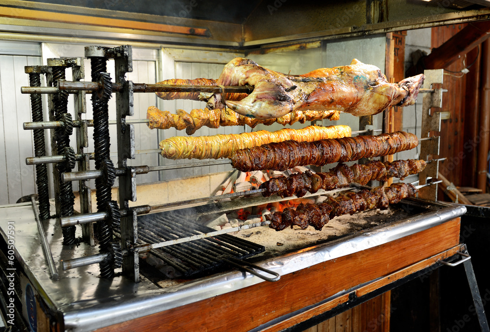 Grilled meat at traditional Greek restaurant in Metsovo village, Grilled meat at traditional Greek restaurant in Metsovo village,