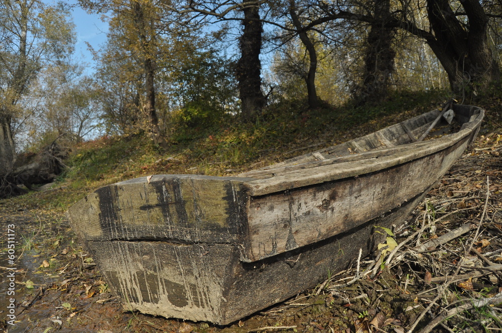 Wooden boat moored on the shore. An autumn day Wooden boat moored on the shore. An autumn day