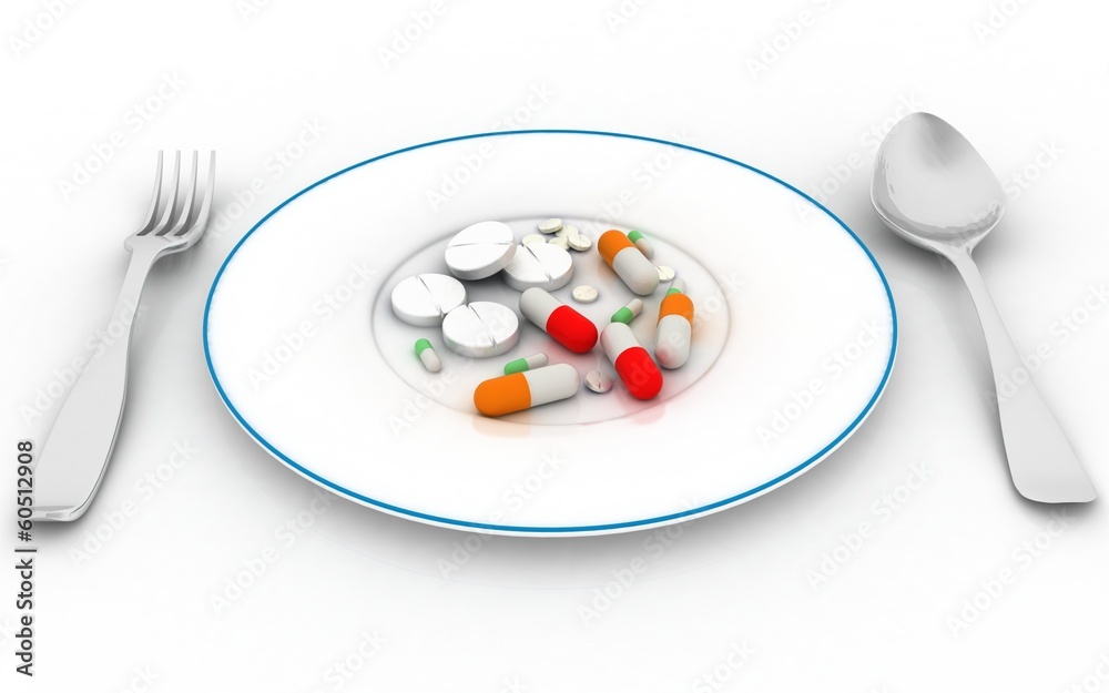 Pills on the plate, 3d render illustration. Pills on the plate, 3d render illustration.