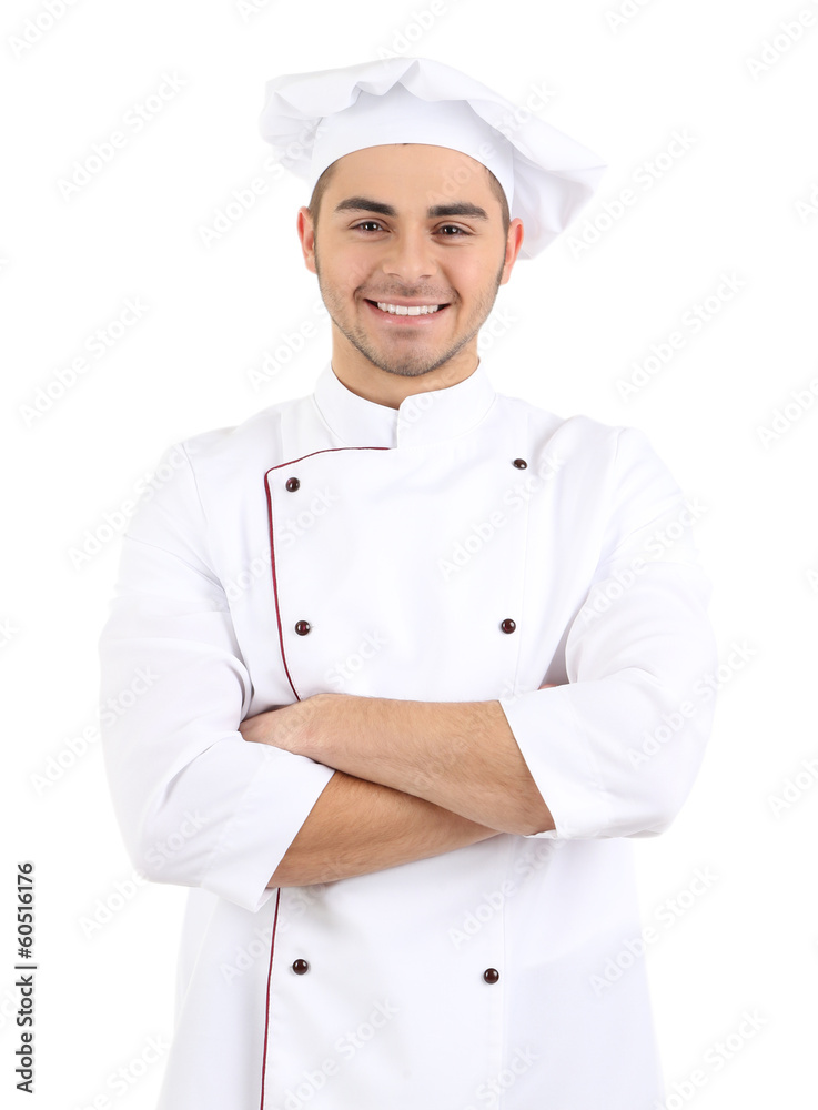 Professional chef in white uniform and hat, isolated on white