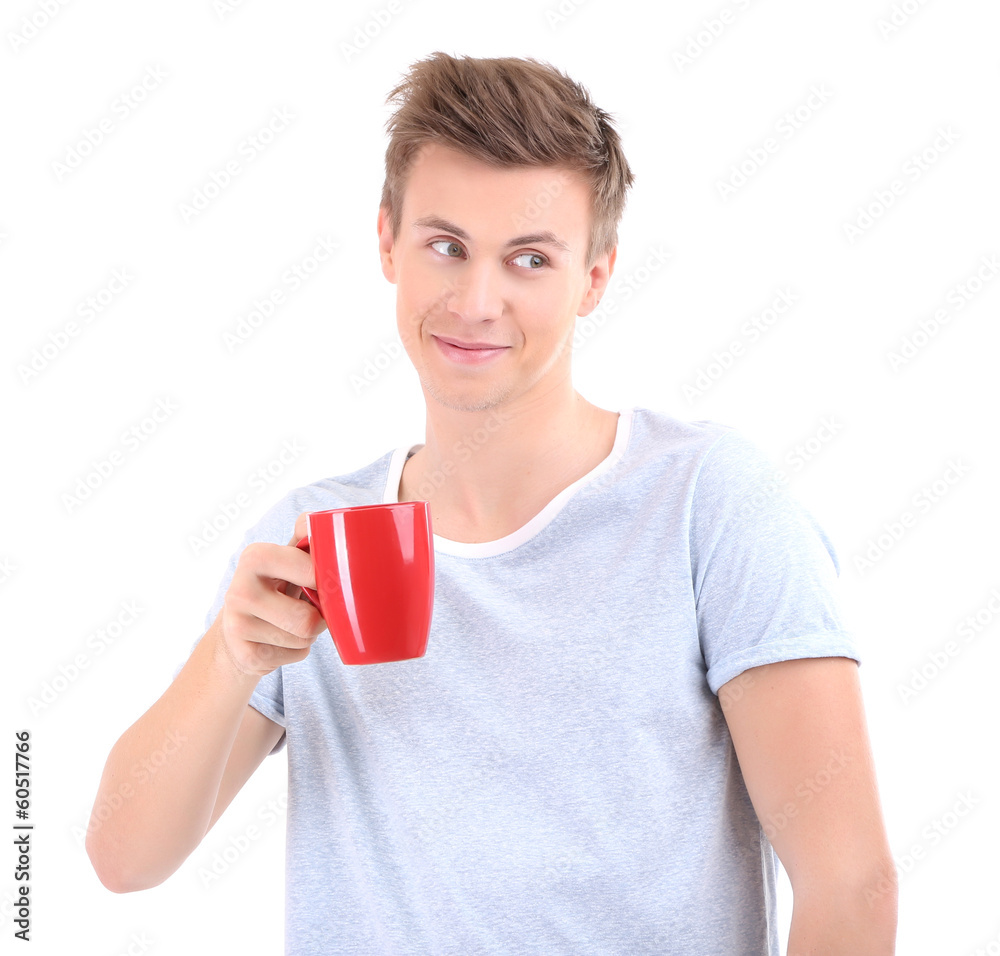 Portrait of handsome young man with cup, isolated on white Portrait of handsome young man with cup, isolated on white