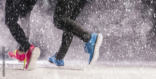 Couple running in winter
