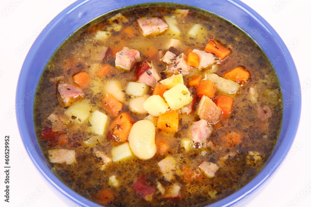 Bean soup seasoned with marjoram and bay leaf
