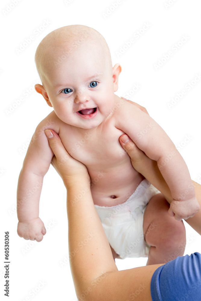 happy baby in parental hands isolated on white happy baby in parental hands isolated on white
