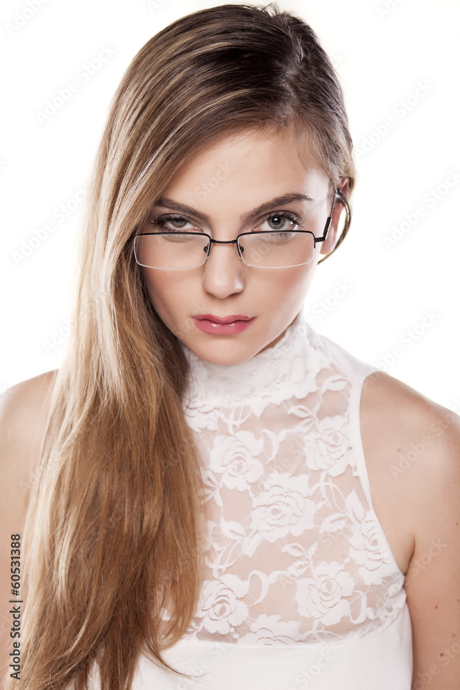 suspicious girl with glasses and questionable gestures