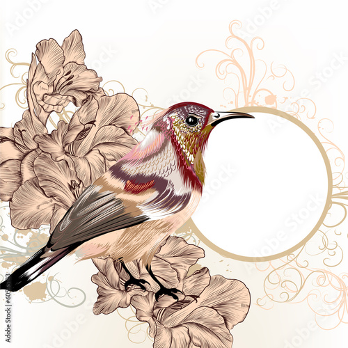 Grunge vector background with hand drawn bird in vintage style