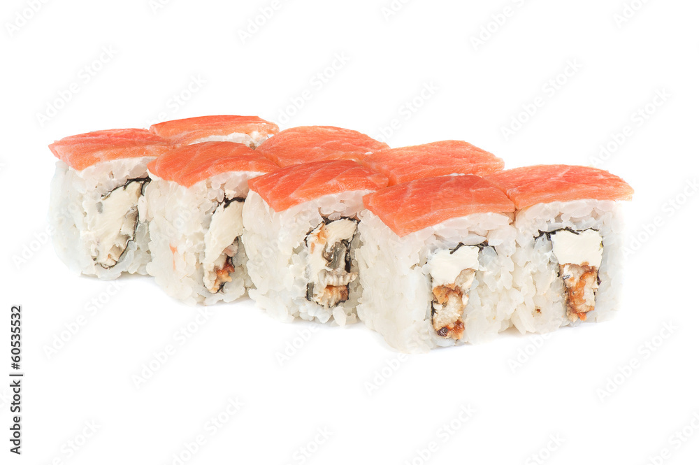 Roll with cream cheese, smoked eel and salmon fish Roll with cream cheese, smoked eel and salmon fish