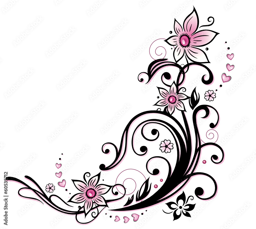 Ranke mit Blüten und Herzen. Buntes Motiv im Sommer. Pink, schwarz. Ranke mit Blüten und Herzen. Buntes Motiv im Sommer. Pink, schwarz.