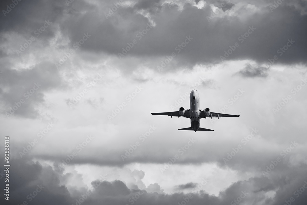 Airplane in the bad weather.