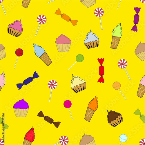Seamless texture cupcakes, ice cream and candy