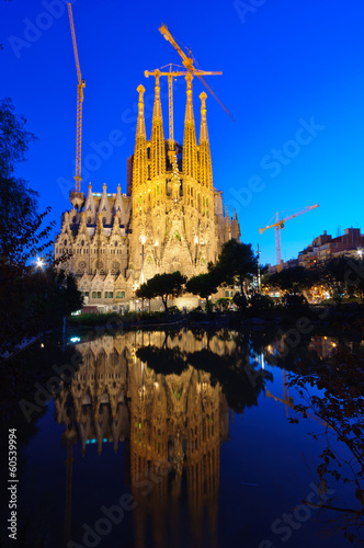Sagrada Família at dusk in Barcelona, Spain
