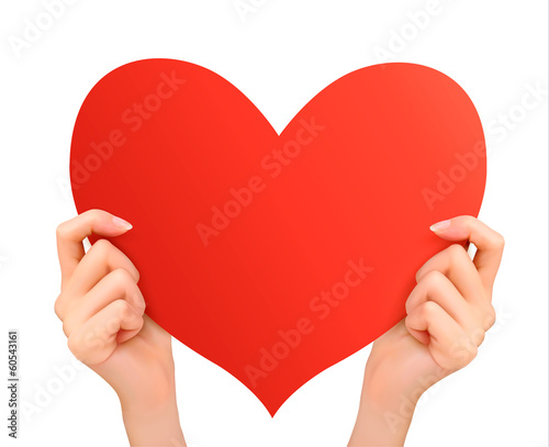 Two hands holding red heart. Vector