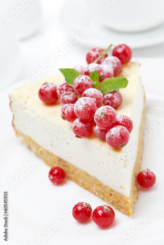 vanilla cheesecake with red currants  close-up