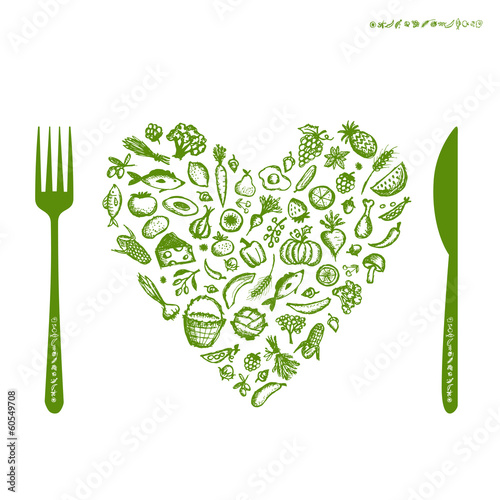 Healthy food concept, heart shape sketch for your design