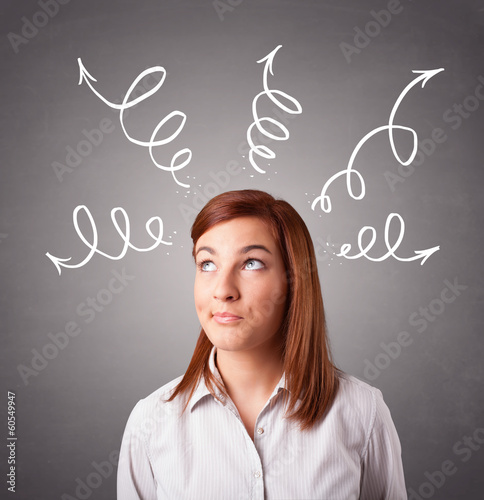 Young woman thinking with arrows overhead