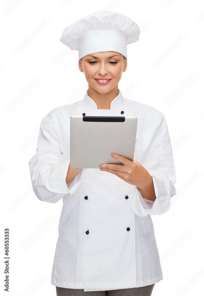 smiling female chef with tablet pc computer smiling female chef with tablet pc computer