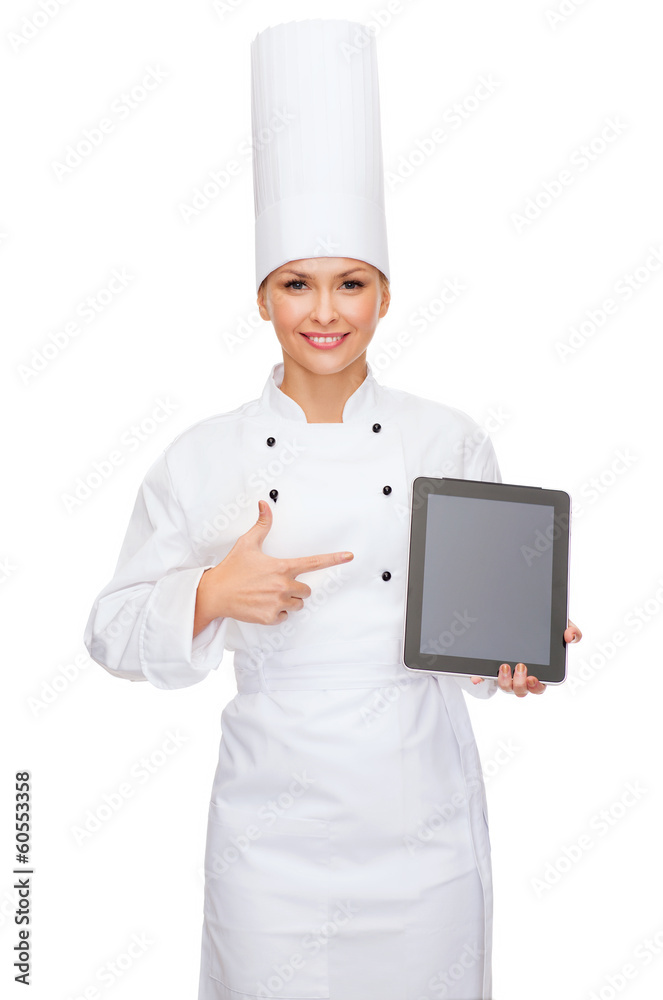 smiling female chef with tablet pc blank screen smiling female chef with tablet pc blank screen