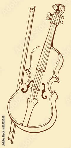 Canvas Print Vector line drawing of a violin and bow