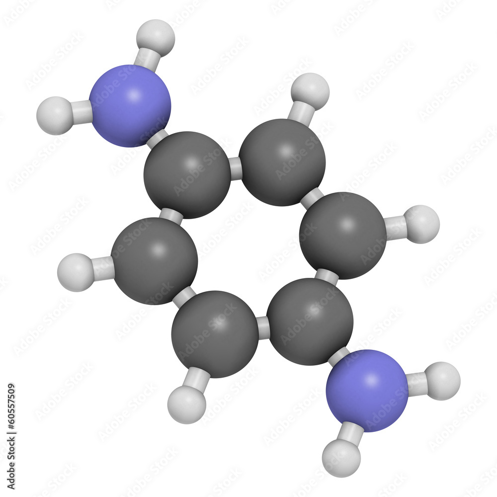 p-Phenylenediamine (PPD) hair dye molecule. p-Phenylenediamine (PPD) hair dye molecule.