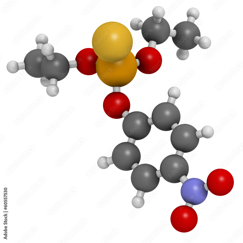 Parathion pesticide molecule. Organophosphate insecticide. Parathion pesticide molecule. Organophosphate insecticide.
