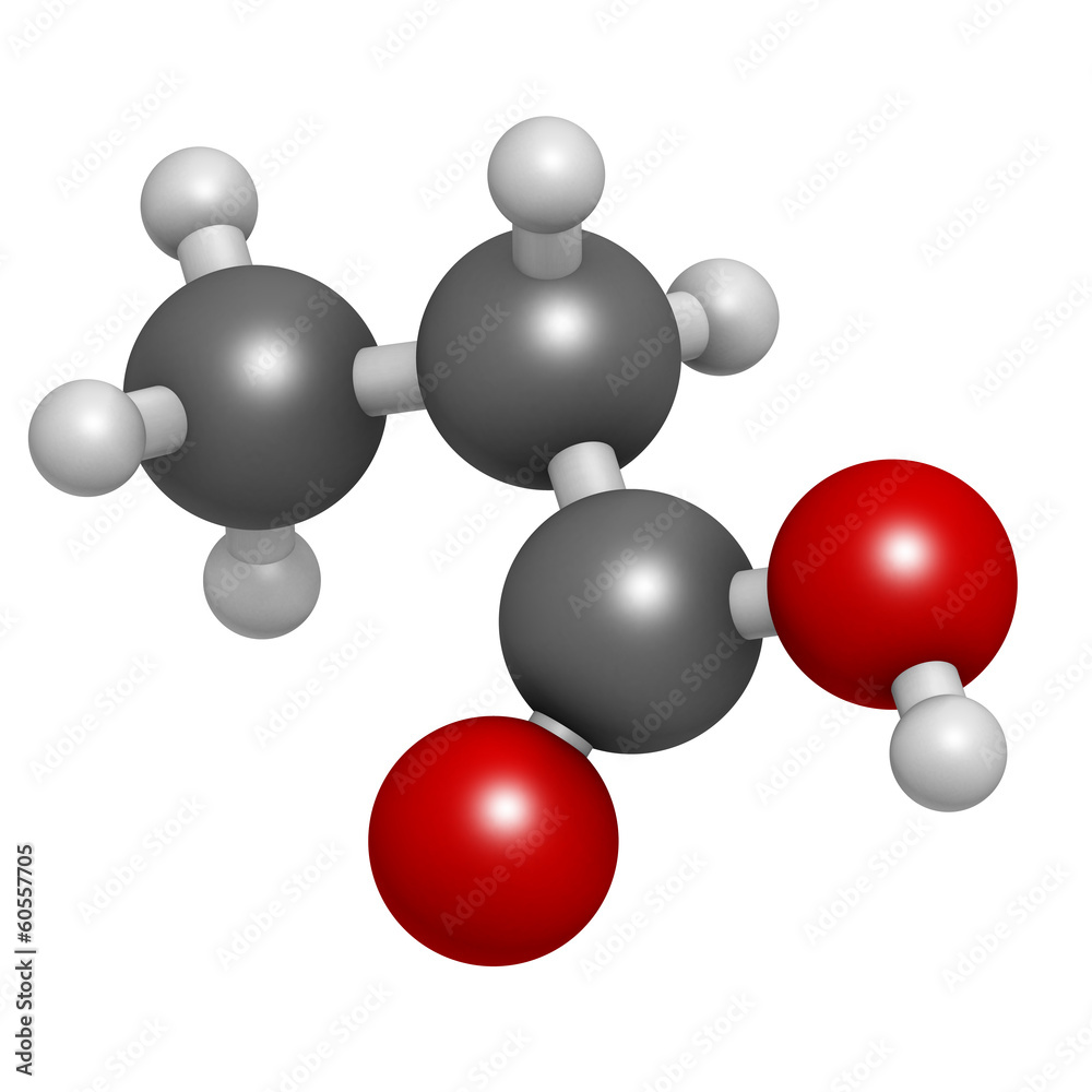 Propionic acid (propanoic acid) molecule. Propionic acid (propanoic acid) molecule.