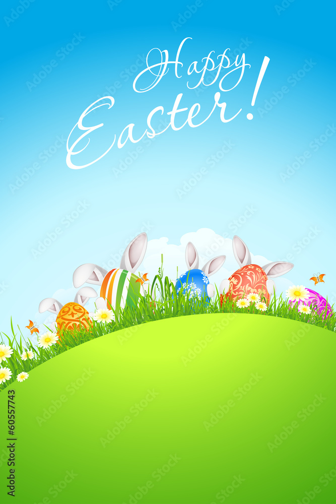 Green Landscape Background with Easter Eggs