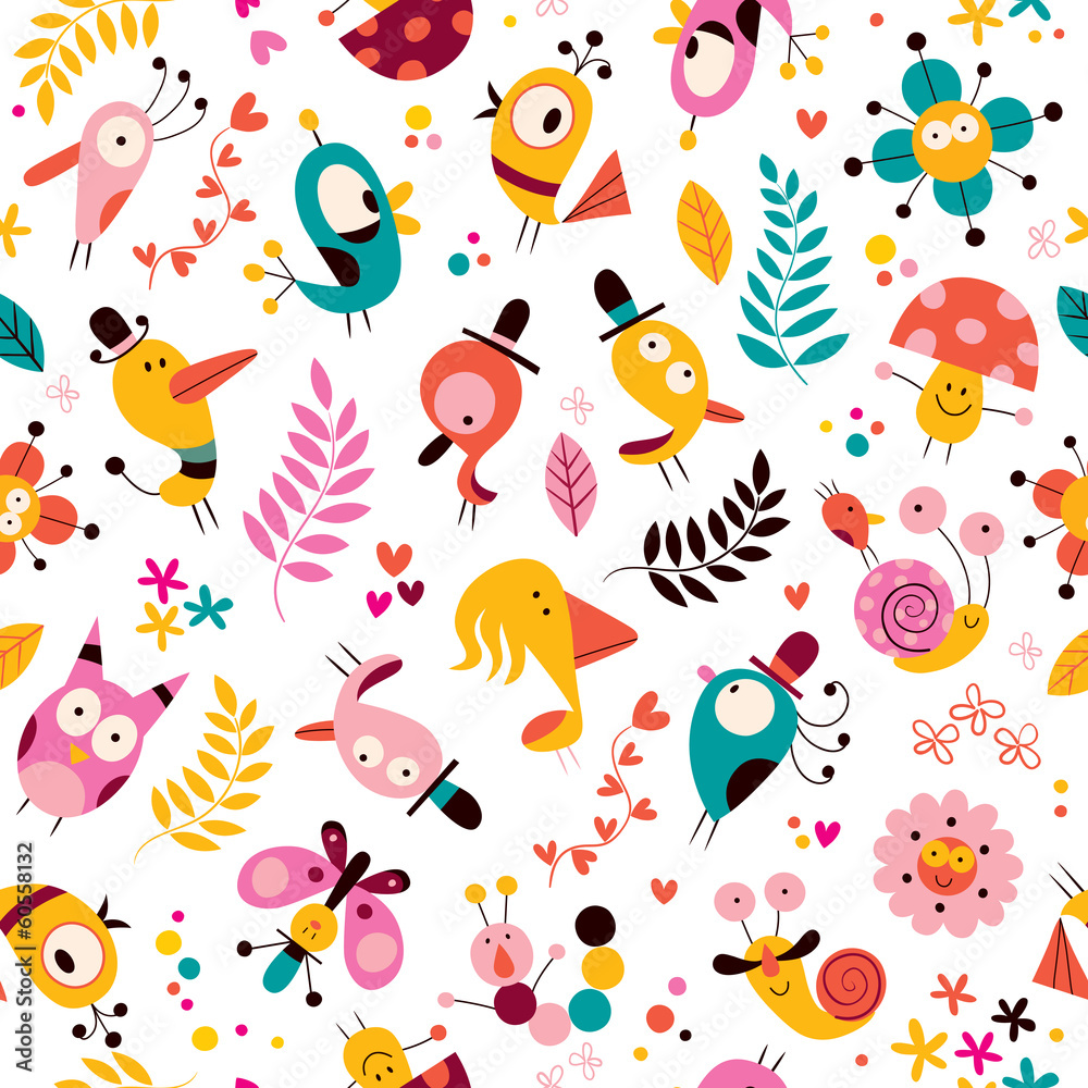 flowers, birds, mushrooms & snails characters nature pattern
