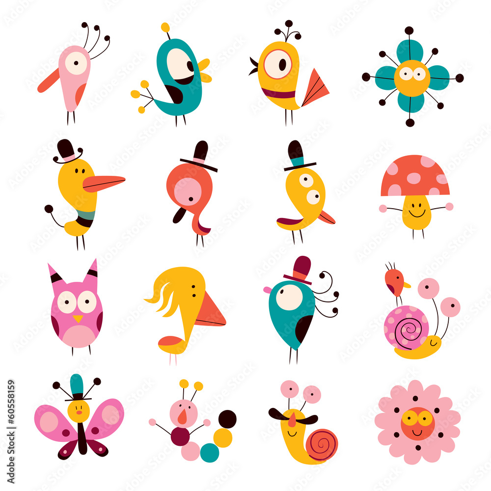 Obraz premium flowers, birds, mushrooms & snails characters set