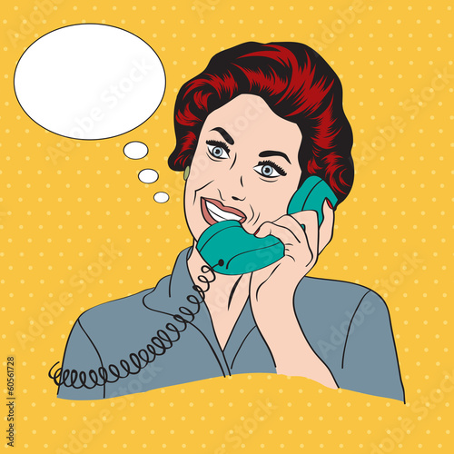 Popart comic retro woman talking by phone