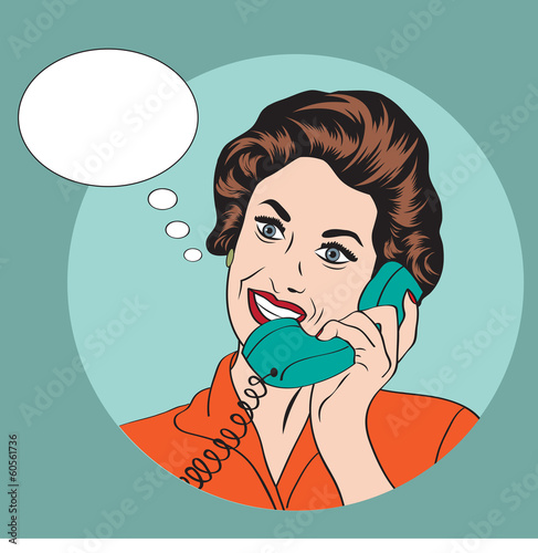 Popart comic retro woman talking by phone
