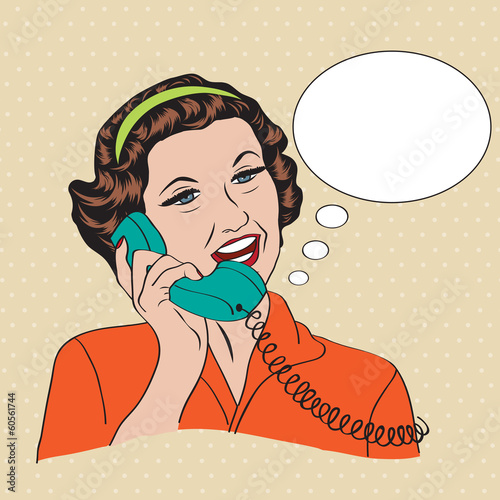 Popart comic retro woman talking by phone