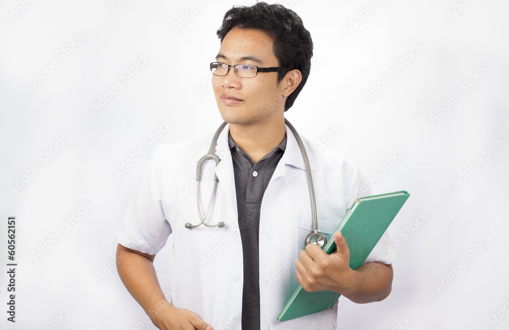 Male doctor with a folder, standing isolated on white Male doctor with a folder, standing isolated on white