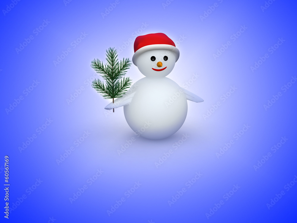 3D snowman with pine branch on white background 3D snowman with pine branch on white background