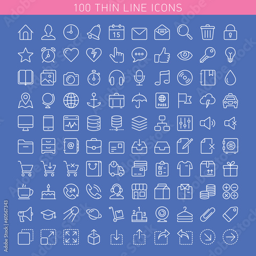 100 thin line icons for Web and Mobile. Dark version.