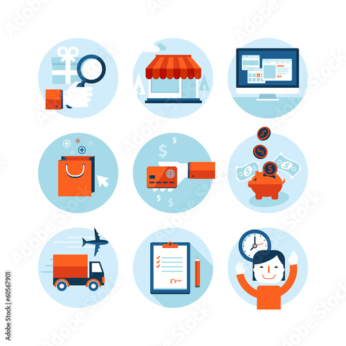 Set of modern flat design icons on the topic of online shopping