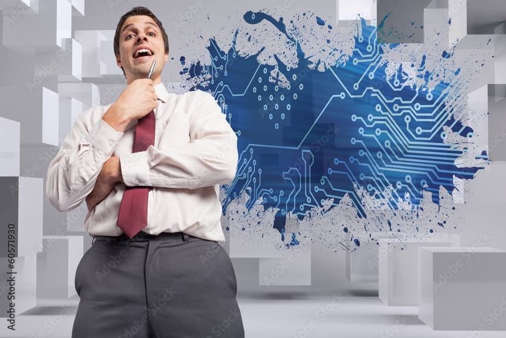 Composite image of thoughtful businessman holding pen to chin Composite image of thoughtful businessman holding pen to chin