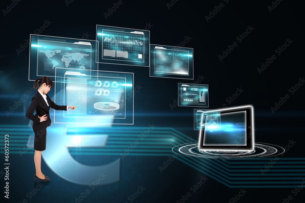 Composite image of focused businesswoman pointing