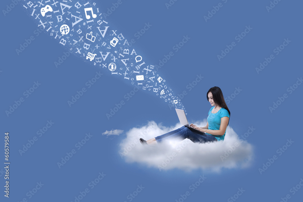 Female student send email with laptop on cloud Female student send email with laptop on cloud