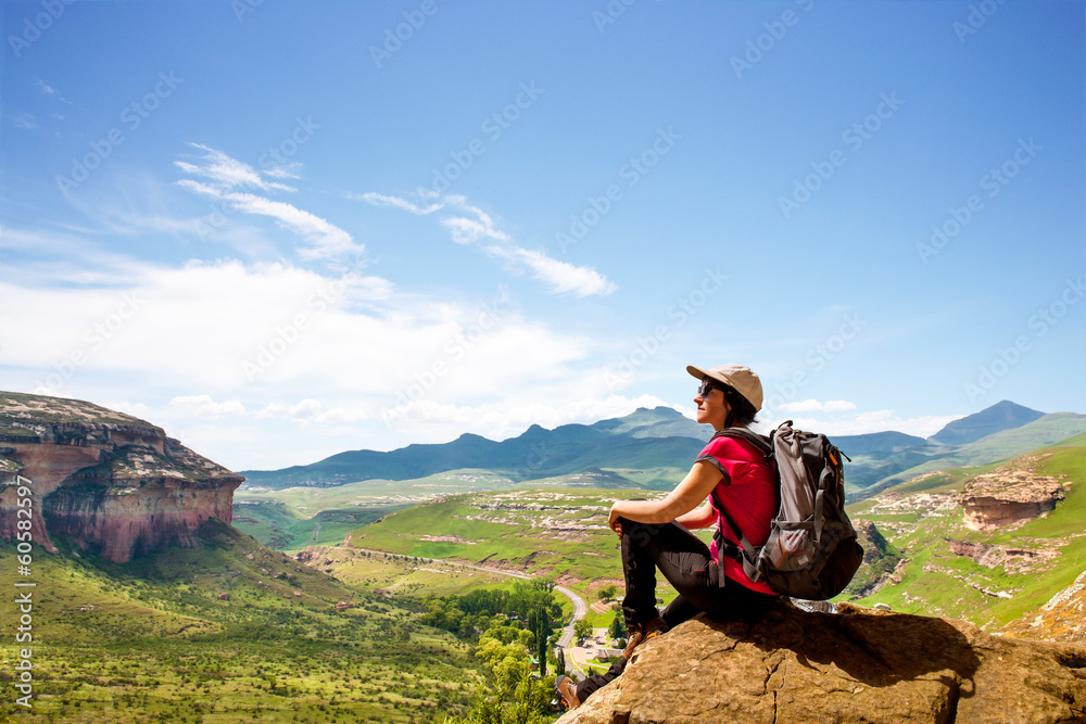 female hiker in mountains.