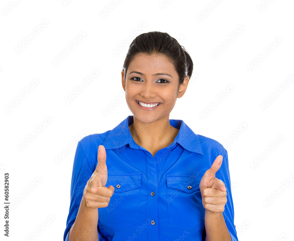 Woman with two hands guns sign gesture pointing at you Woman with two hands guns sign gesture pointing at you