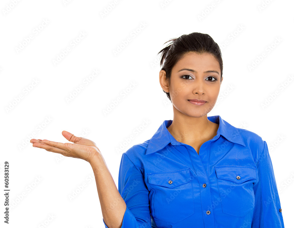 Smiling woman gesturing to copy space at left on white Smiling woman gesturing to copy space at left on white