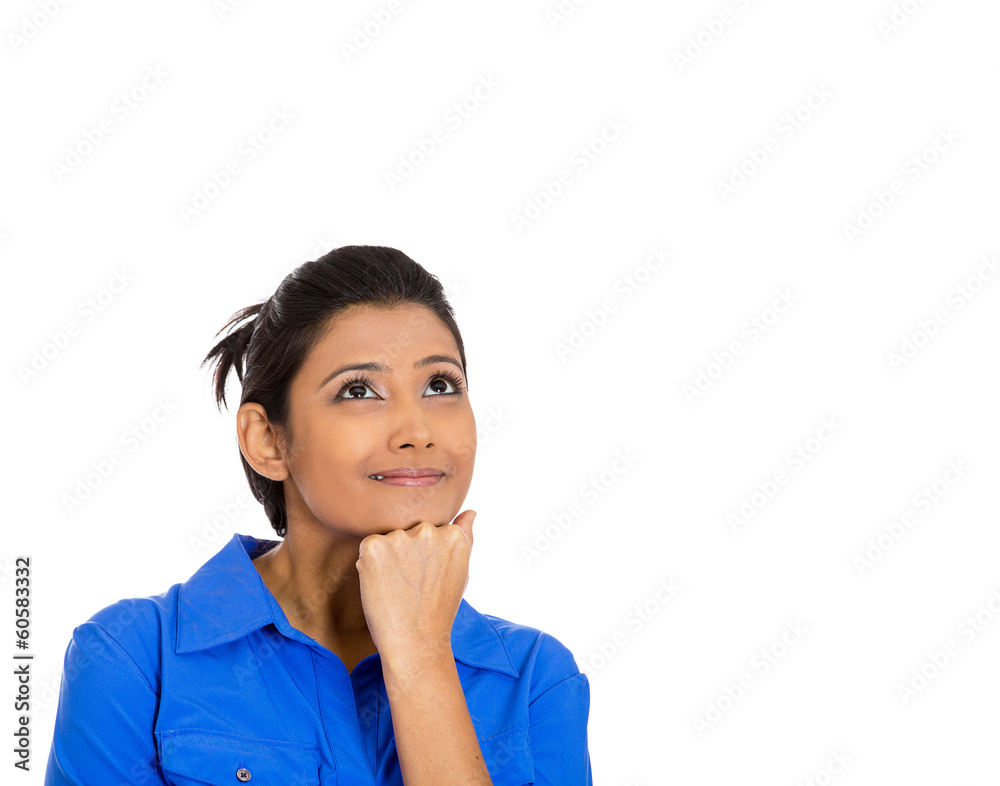 Woman thinking hand on cheek looking up having idea Woman thinking hand on cheek looking up having idea