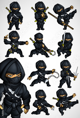 Obraz na plátně Set of 11 Ninja poses in a black suit