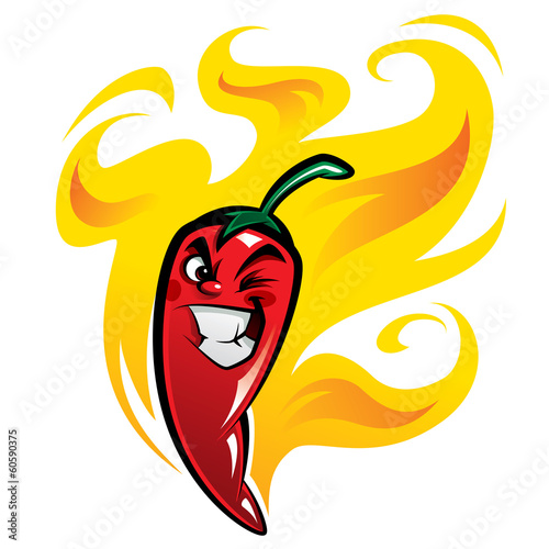 Red devious extremely hot cartoon chili pepper character on fire