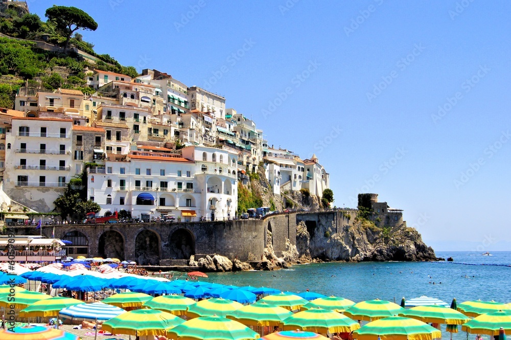 Colorful view over the beaches of the Amalfi Coast, Italy