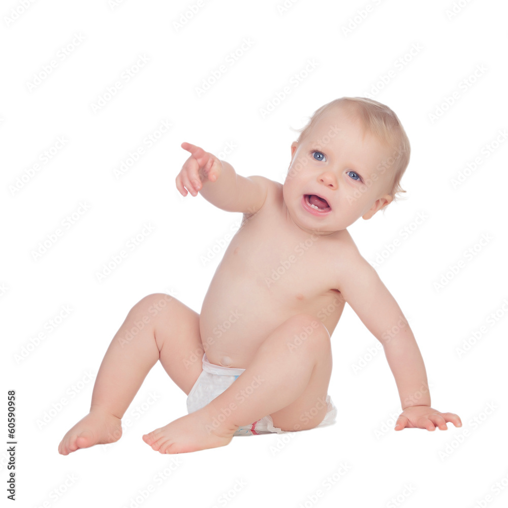 Adorable blond baby in diaper crying sitting on the floor Adorable blond baby in diaper crying sitting on the floor