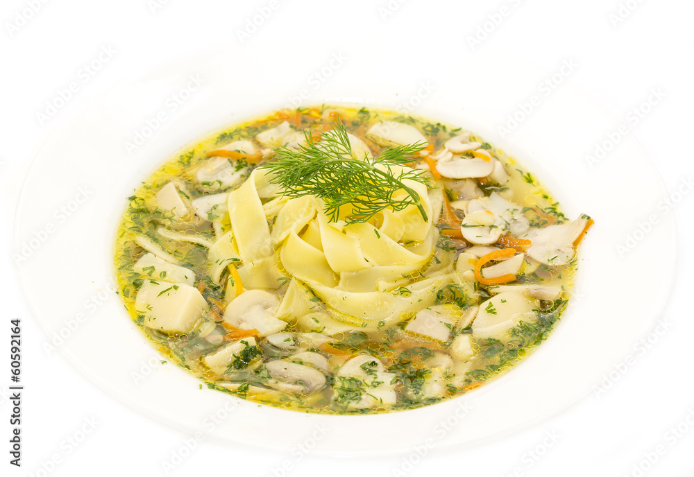 soup of vegetables and mushrooms in a restaurant soup of vegetables and mushrooms in a restaurant